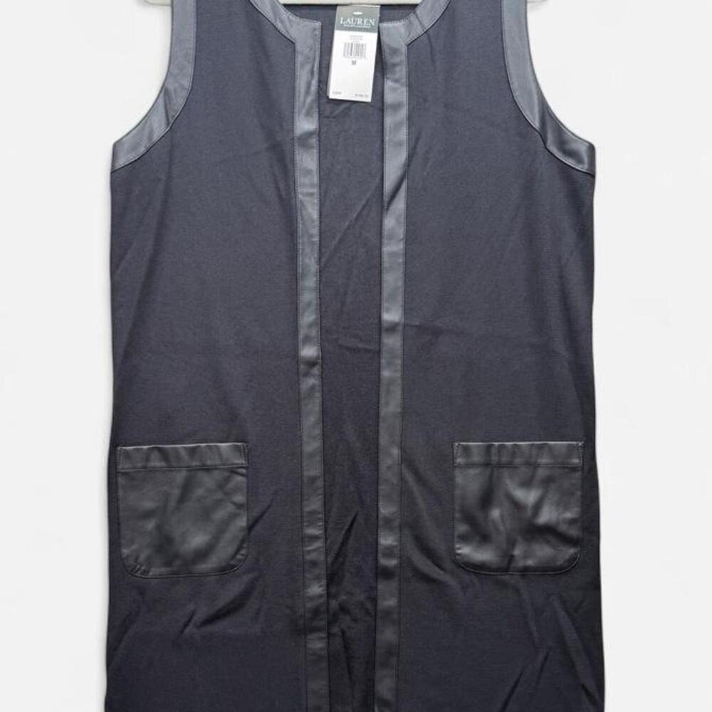 Lauren Ralph Lauren Womens M Black Long Sweater Vest Faux Leather Trim Open NWT